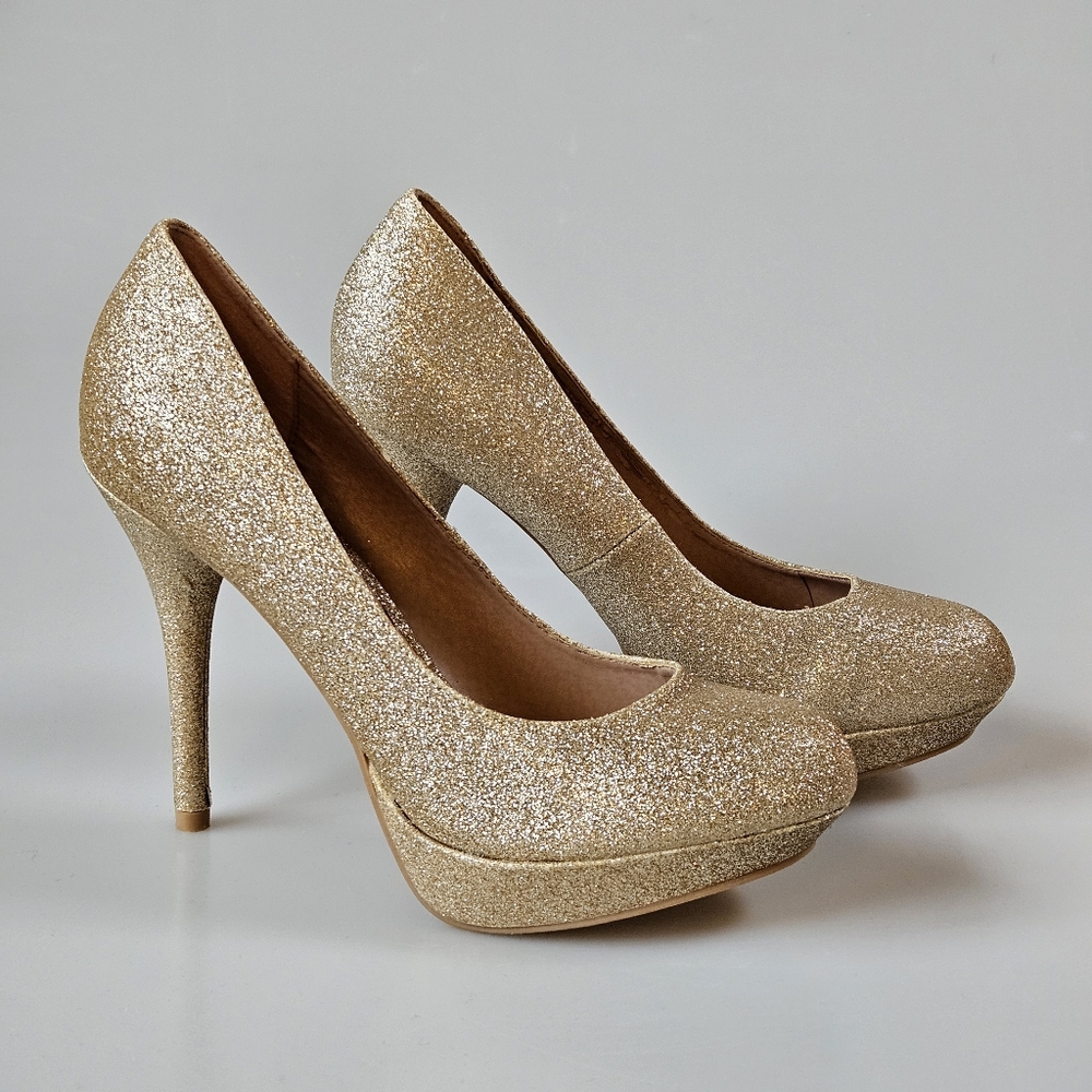 Gold Glitter Platform Stilettos - Size 8